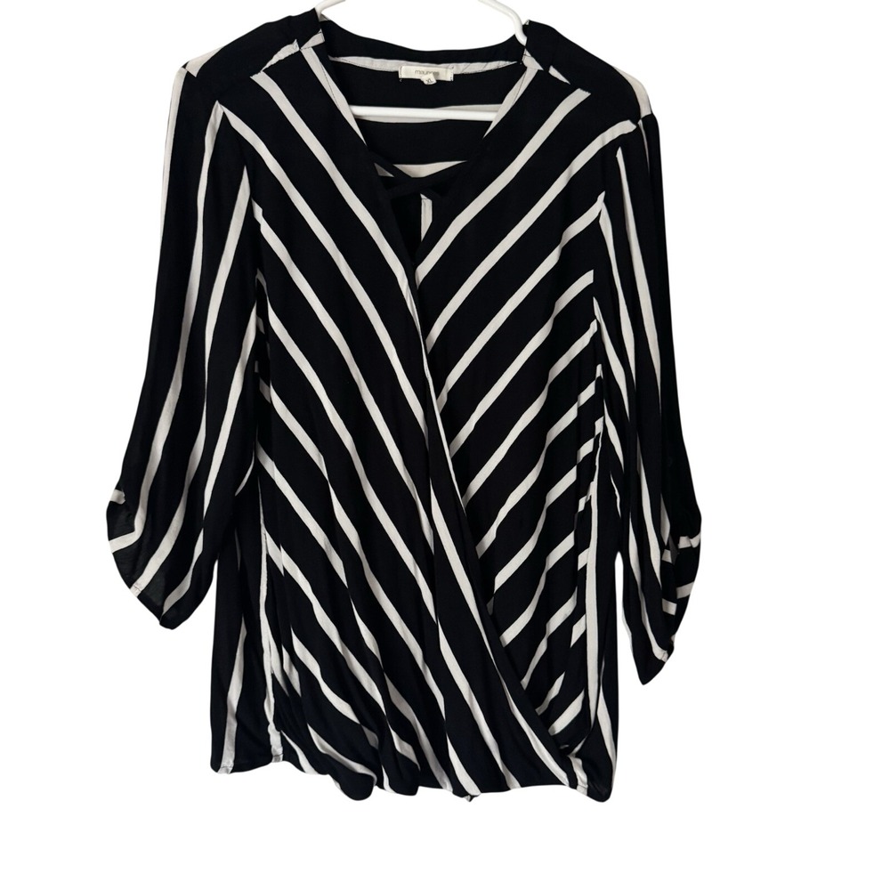 Maurices Black White Striped Roll Tab Sleeve Surplice Wrap Blouse XL H0917